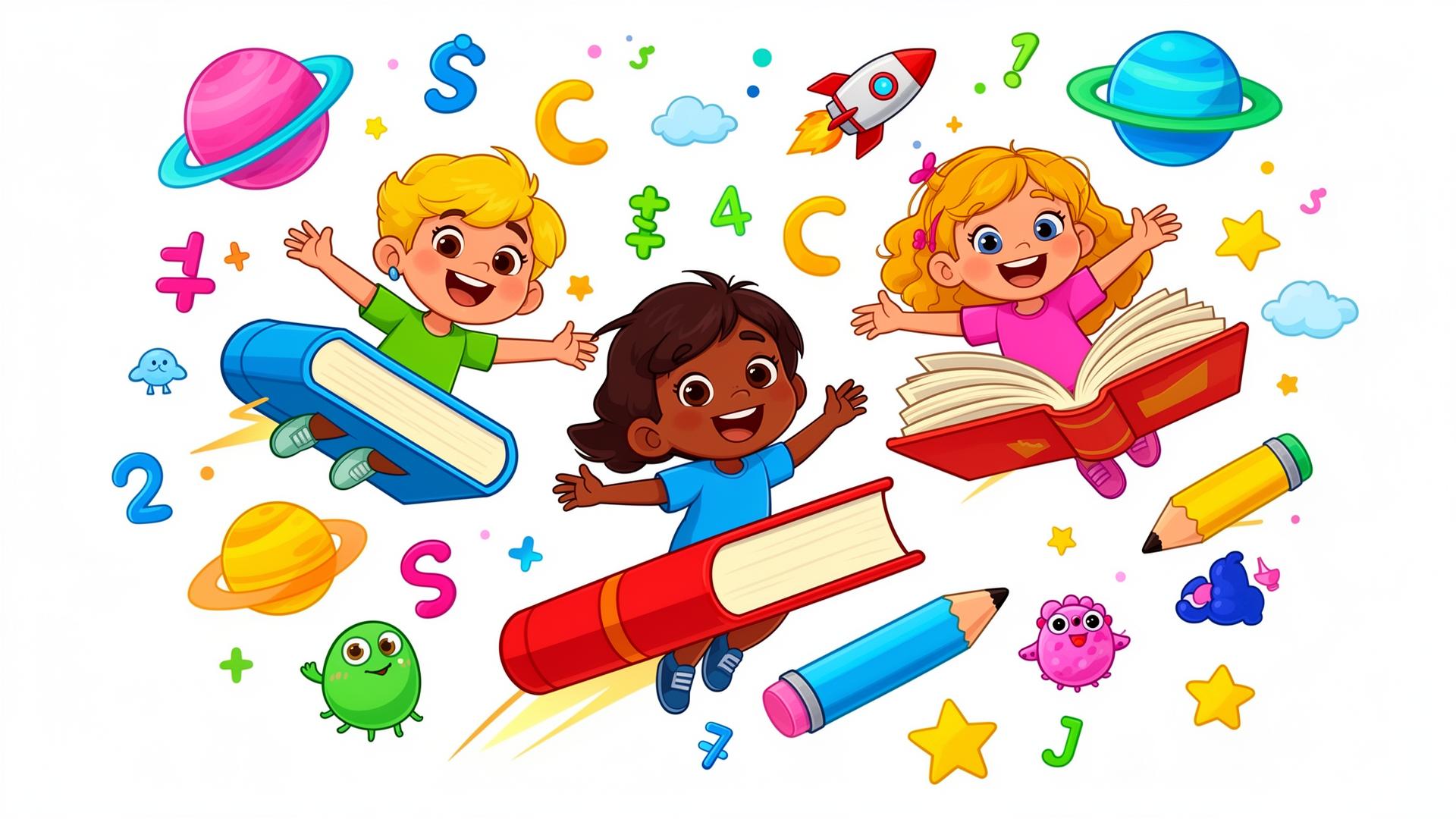 Cartoon kids flying through a sky of books, pencils, planets and rockets